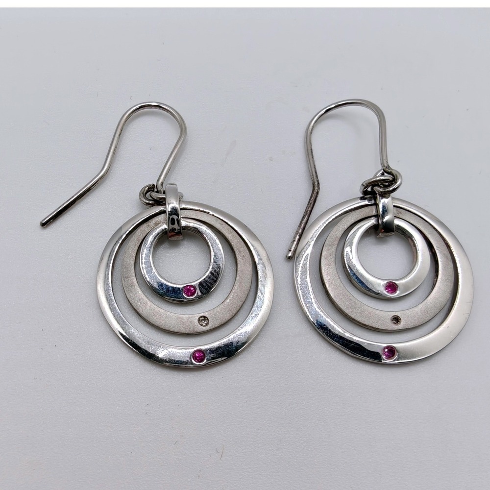 Signed Sterling Silver Ruby Diamond Triple Circle Drop Earrings‎ 925